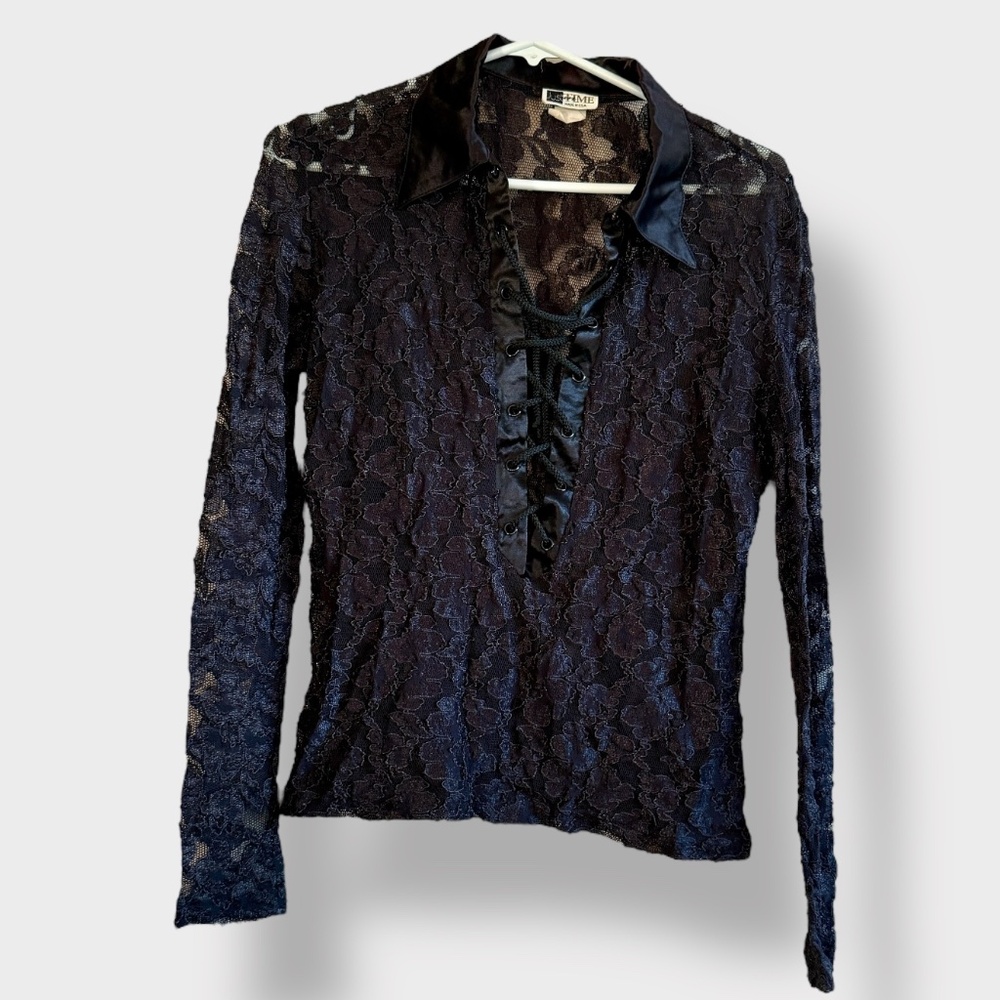 Just In Time 90s Y2K Black Floral Lace Mesh Satin Collar Front String Tie LARGE